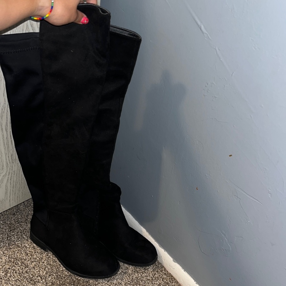 Flat Knee High Black Suede Boots